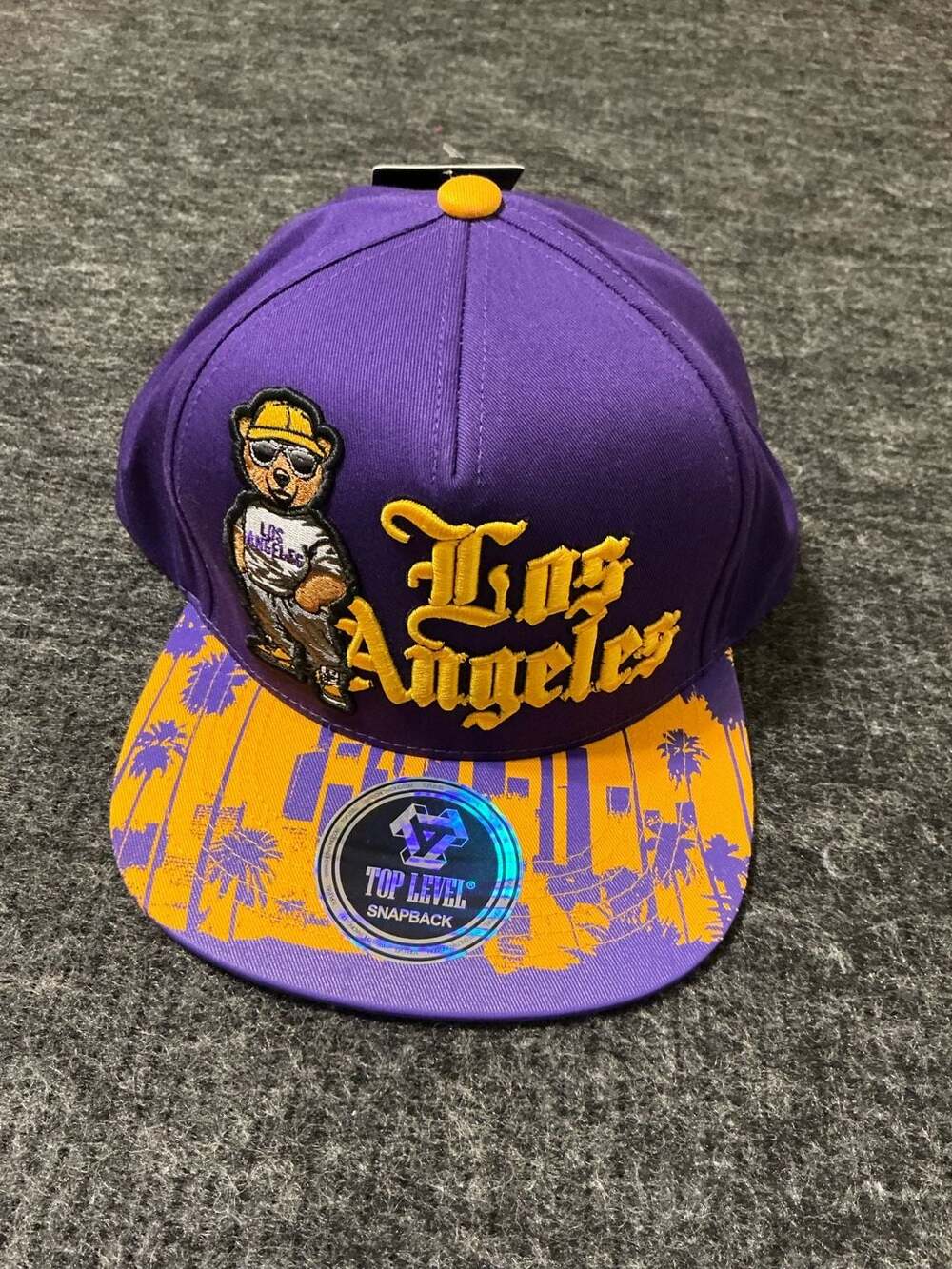 Top Level Los Angeles Snapback Hat Mens One Size Fits All Purple Gold Bear